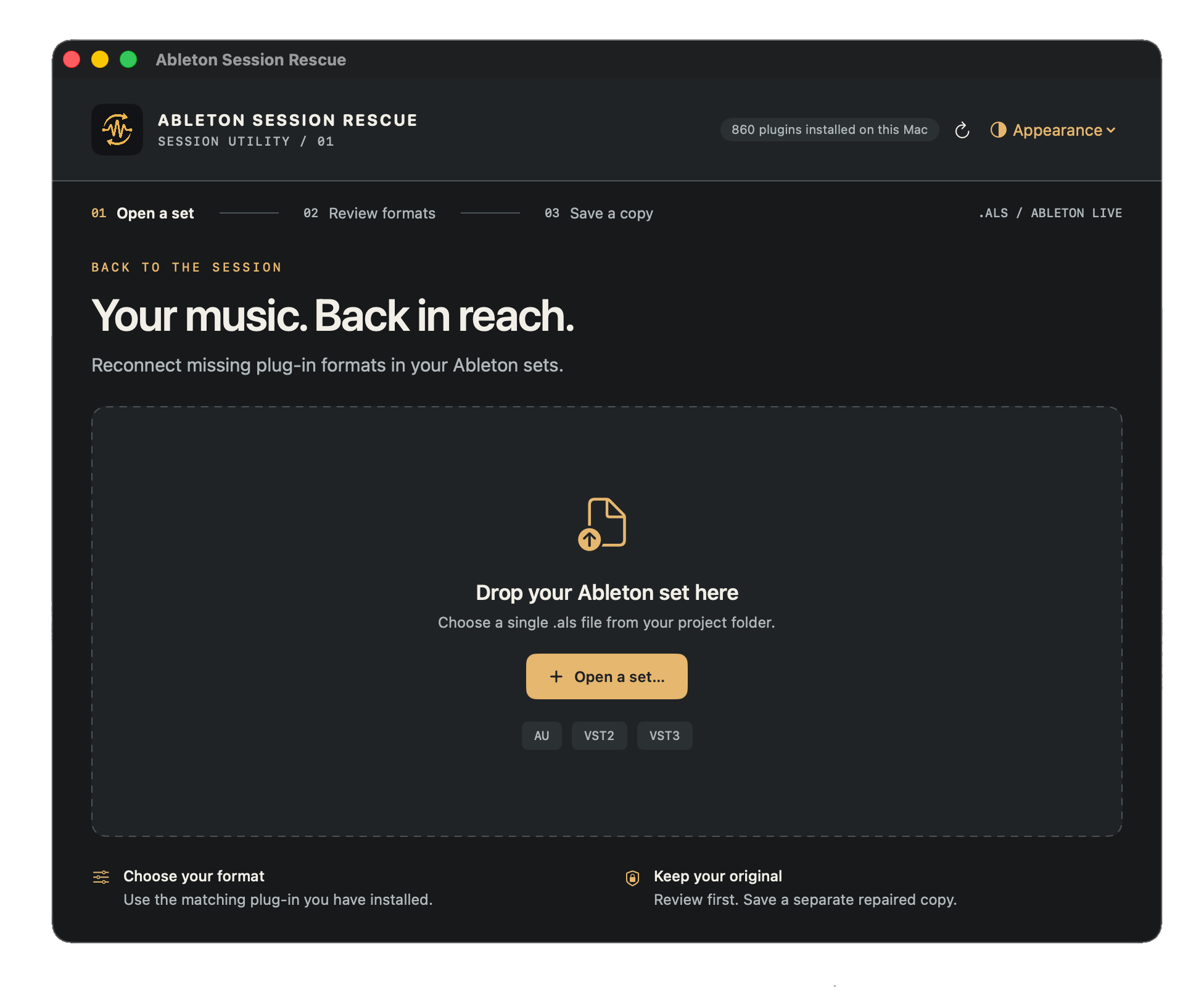 Session Rescue showing the open-set screen