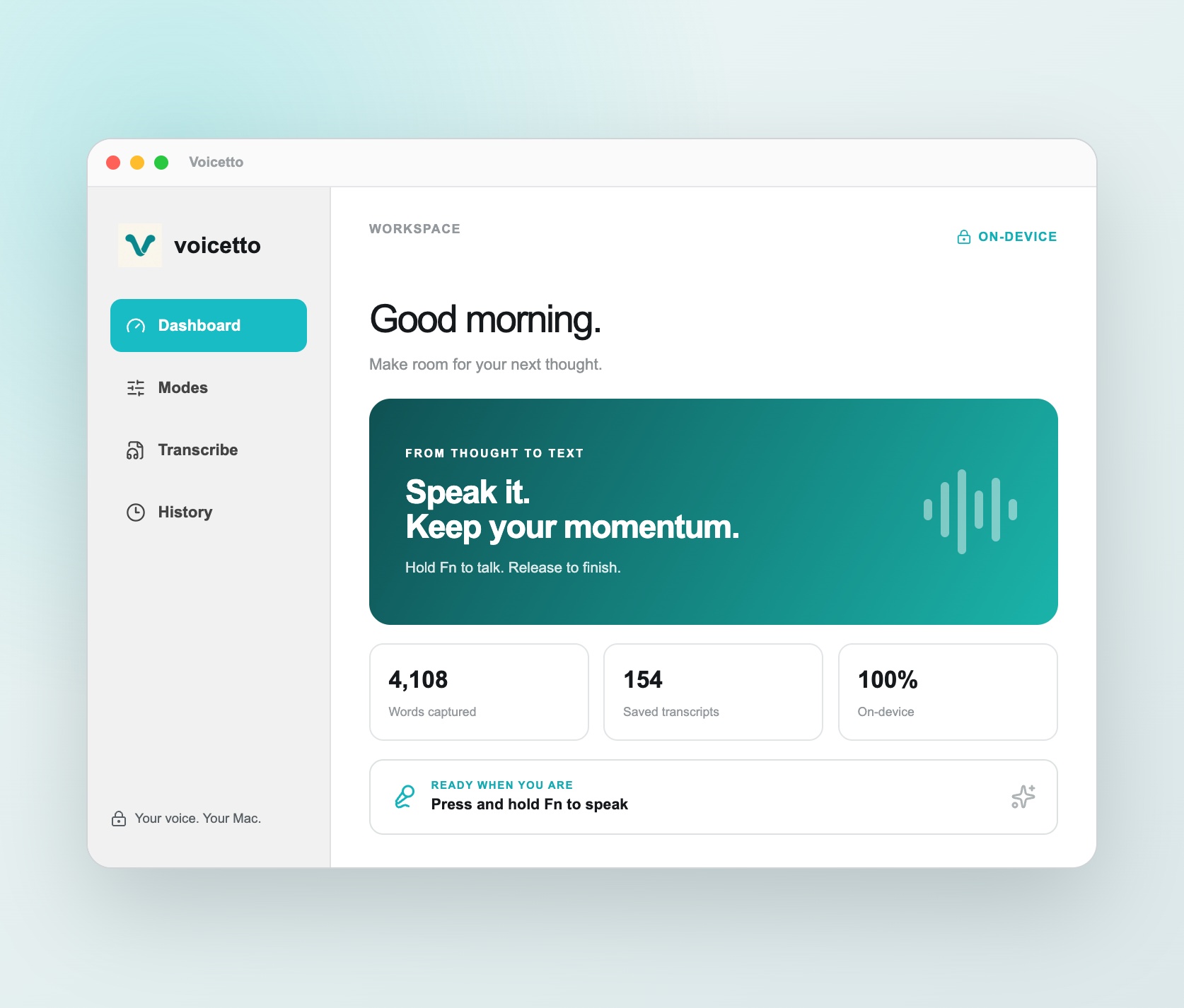 Voicetto on-device speech-to-text dashboard