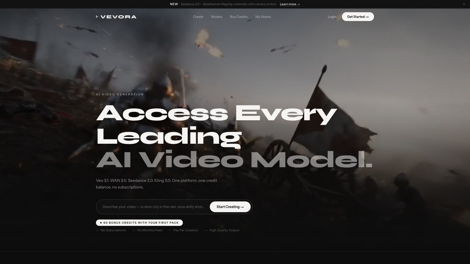 Vevora website presenting its AI video generation platform